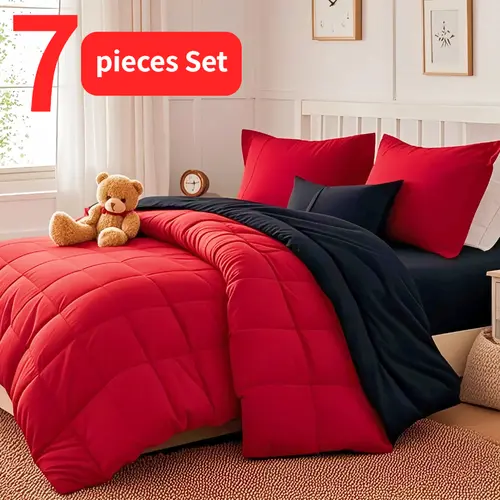 Cosybay 7pcs Luxurious Comforter, Soft, Lightweight, Breathable, Easy Care,Bed In A Bag Convenience for All Seasons,Red Christmas Comforter, Flat Sheet, Fitted Sheet, Pillowcases, King Size Bed Comforter, Home Essentials Queen Size Comforter #Summervibes
