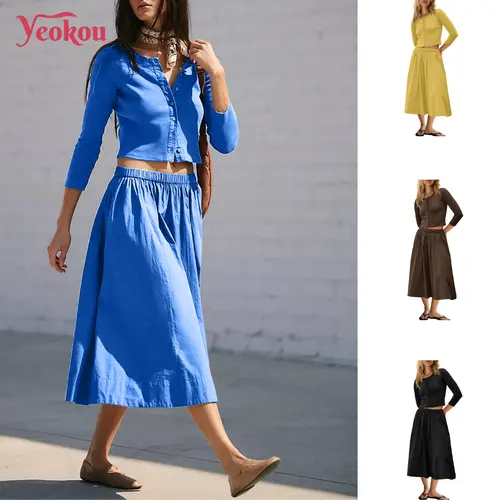 Yeokou Women's 2-Piece Lounge Matching Set - 3/4 Sleeve Ribbed Button-Down Cardigan, Elastic Waist Light Drape Skirt, Modest Casual Vacation Outfits