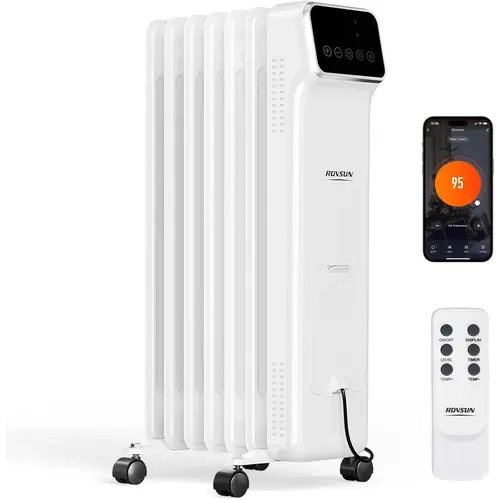 ROVSUN Affordable and High-Quality Corded Oil Filled Radiator Heater, 100W/300W/600W/1500W Portable Thermostatic Space Heater for Home Users, Remote & APP Control, Tip-Over & Overheat Protection, Indoor Use (Living Room, Bedroom)