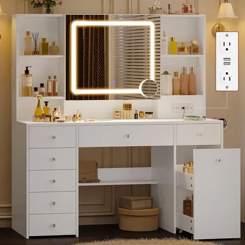 Sikaic 47.2” Large Vanity Desk with Mirror and Lights, Power Outlet, 7 Drawers, Pull-Out LED Mirror with 3 Light Modes, Brightness Adjustable, Rolling Makeup Cart, Crystal Handles, Hairdryer Rack, White, Home Furniture Christmas Gifts [TiktokShopFallDeals