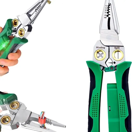 Pro 8-in-1 Wire Stripper/Cutter with Voltage Tester & Dual Alarms - Heavy Duty 12-250V AC/DC Electrical Tester for Hot/Neutral Wires - Electrician, HVAC, Car Repair Tool (Green)