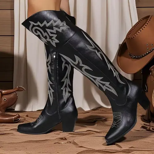 EROCALLI Women's Extra Wide Calf Thigh High Classic Cowboy Boots - Chic Western Footwear with Embroidery, Chunky Low Heel, Botas Vaqueras para Mujeres, Rodeo Outfit Inspo, Cowboy Aesthetic for Fall Winter, Western Ootd, Statement Shoes,sohochic