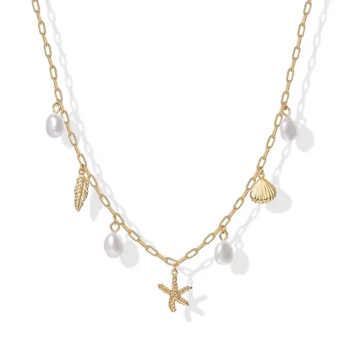 PAVOI 14K Gold Plated Coastal Charm Necklace for Women – Waterproof Stainless Steel Chunky Beach Necklace with Pearl, Seashell & Starfish – Trendy Gold Statement Summer Jewelry