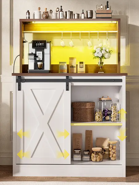 30'' W Farmhouse Style Wine Bar Cabinet with Barn Door & Charging Station & LED Lights,Sturdy Buffet Coffee Bar Cabinet with Adjustable Shelves &Hutch