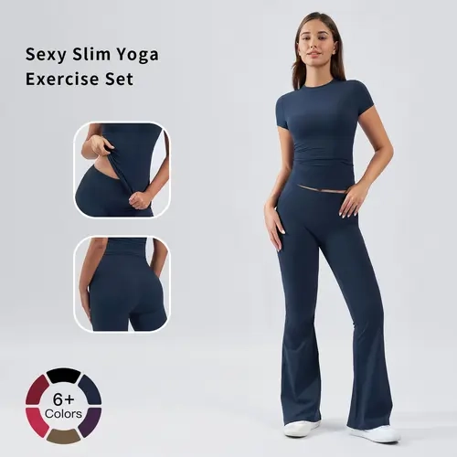 Women's 2-Piece Cool & Dry Nylon Fabric Workout Set - Quick-Dry Slim-Fit Tee & High-Waist Below-Knee Flared Legging Pants for Yoga, Gym