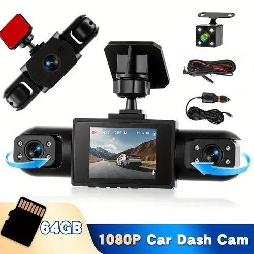 4-Camera 360° Car Dashcam with 2-In IPS Screen, 1080p Video, 3×480p Rear View, 8 Night Vision Lights, Reverse Aid, Motion Detection Start, Loop Recording, 64GB C10 Card Support, 13 Languages, Rear Lens Kit, SummerVibes Father's Day Gift
