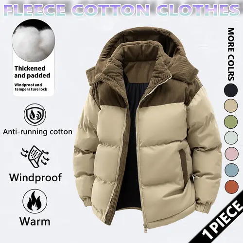 Men's Winter Coat Hooded Fleece Lined Color Block Jacket Casual Everyday Outerwear, Removable Hood, Windproof Padding, Thick Insulated, Anti Running Cotton, Easy to Pair Couples Style