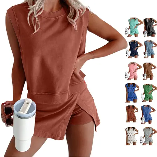 Ommig Women's 2-Piece Lightweight Casual Sleeveless Fitted Summer Lounge Set - Mineral Wash Cotton Tank Top, Lined Split Skirt for Travel, Everyday Wear, Styles to Try, Lightweight Women's Clothing Sets