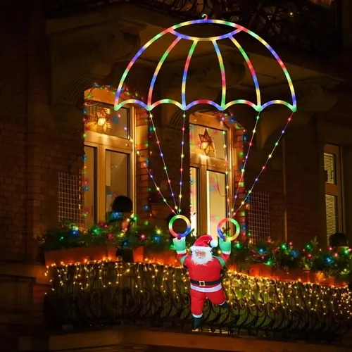 Toodour 2.8x2.3ft Multi Color Christmas Parachute Lights, Santa Design, Adapter, Tape, 8 Lighting Modes, Waterproof, Hangable for Christmas Trees, Eaves, Windows, Indoor/Outdoor Holiday Decor, Ideal Gift