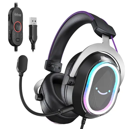 fifine H13 USB Gaming Headset - with Mic - 7.1 Surround Sound - Vibrant RGB Lighting - Ergonomic Ear Pads - Control Box, Streaming USB Headset for PC, PS5/PS4, Laptop, Mac   AmpliGame H13