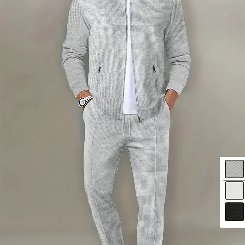Men's 2-Piece Sports Clothing Set - Plain Athletic Fitted Lapel Collared Zippered Jacket & Soft Polyester Pants Tracksuit, Casual Sporty Outfit, Father's Day Gifts Option