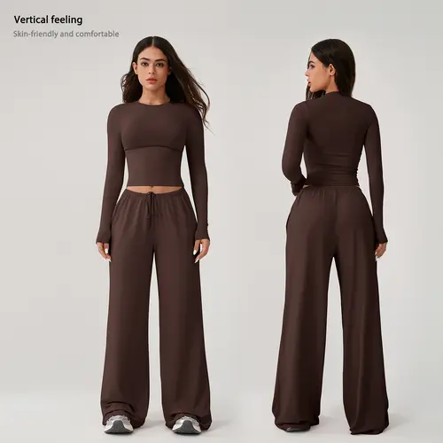 TIMEOFF Women's 2-Piece Solid Tracksuits Set - Long Sleeve Soft Stretch Sportswear Activewear, Crop Top & Yoga Bottoms Gym Outfits for Yoga, Fitness, Jogging