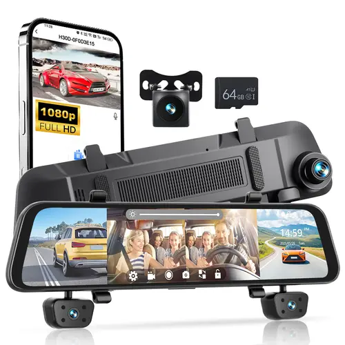 12in 4-Way Dashcam Car Camera - 1080p Video, Wi-Fi, GPS, Touch Screen, G-Sensor, Night Vision, Split Screen, App Control, 64G Card, Auto Gadgets, Car-Mounted & Dashboard Monitoring, Father's Day Automotive Accessory