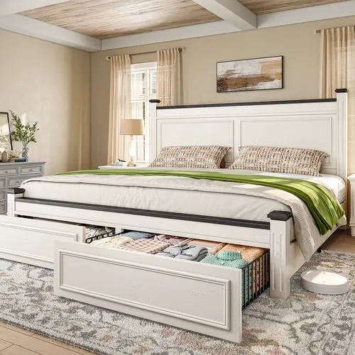 Raybee Solid Wood Bed Frame (Queen/King Sizes) - 51.25" H Long Headboard, 2-Drawer Storage Solutions, Modern Beds, Durable Silent Design, No Box Spring Needed, Easy Assembly, Luxury Bedroom Furniture, Bed Frame Storage Solutions