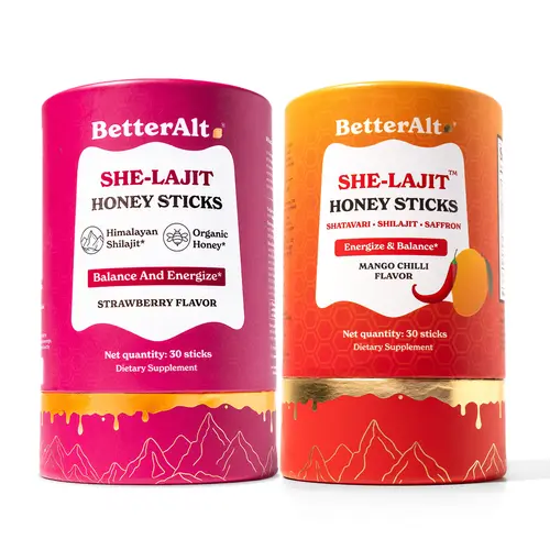 BetterAlt Balance & Boost | She-Lajit Honey Sticks | Women Multi-Mineral Supplement | Shilajit, Shatavari & Saffron | Strawberry & Mango Chilli Flavor | Hormonal Balance & Energy | 30 Honey Sticks