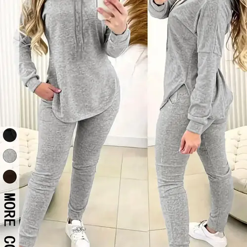Women's Solid Basic 2-Piece Outfit, Drawstring Hooded Long Sleeve Top & Slim Fit Casual Pants, Chic Matching Set for Daily Workout and Casual Wear