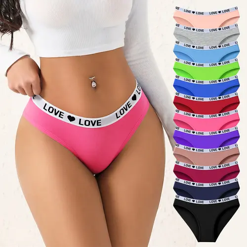 Hotcom Women's Pastel Color Block Letter Print Cotton Elastane Briefs Lingerie - 7/10/12-Piece Stretchy, Breathable, Secure-Fit Underwear for Women with Elegant Stitches, Elegance & Comfort for Everyday Style (Suitable for Halloween, Christmas)