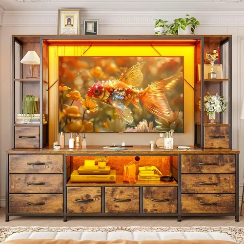 Raybee 78.6" TV Stand for 80" TV, Large Capacity Entertainment Center with 11 Fabric Drawers, LED Lights & Power Outlets, Modern Storage Dresser with Shelves for Living Room, Bedroom, Wall Unit