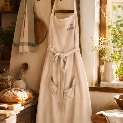 100% Linen Embroidered Homesteader Apron - 77 x 68 cm Breathable All Purpose Apron for Kitchen Cooking & Harvest Home Use