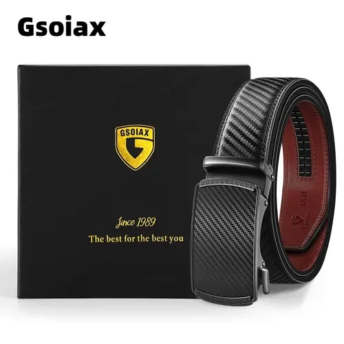 GSOIAX Men's Black Leather Belt with Automatic Buckle - Easy-Release, Adjustable, Dressy Style Belt for Dress & Casual Business Use, Ideal Men's Gift