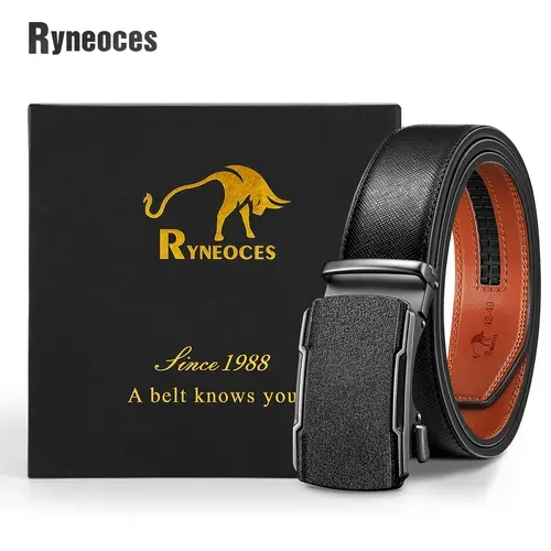 RYNEOCES Men's Cow Hide Leather Ratchet Belt - Automatic Buckle, Trimmed to Size Cuttable Strap for Custom Fit, Stylish Classic Design, Daily Wear Use, Elegant Gift Box Included Ideal Gift for Men