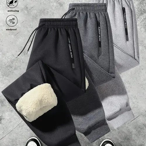 Men's 3-Stripe Fleece-Lined Casual Joggers - Polyester, Drawstring Elastic Waistband, Side Zipper, Relaxed Fitted Athletic Fit, Ankle Length Elastic Cuffs, Activewear for Gym Training & Urban Commuting