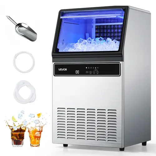 【toolupgrade】VEVOR Commercial Stainless Steel Ice Maker Machine - 130lbs/day, 33Lbs Storage, 45 Cubes per Cycle, Quiet & Insulation, Freestanding & Under Counter, LED Display, Self-Cleaning, Easy Operation for Home Bars, Restaurant