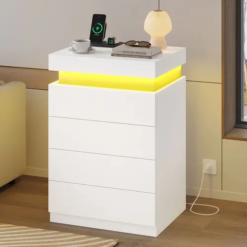 Sikaic Nightstand with 4 Drawers and LED Lights, Bedside Table with Sliding Top and Charging Station, Modern End Side Table for Bedroom, Home Furniture Christmas Gifts cozy home familyfun [TikTokShopblackfriday]