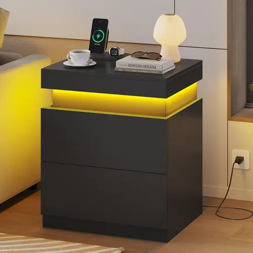 Sikaic Nightstand with Charging Station, LED Lights, Sliding Top and 2 Drawers, Bedside Table with Drawers, Modern End Side Table for Bedroom Summerwins