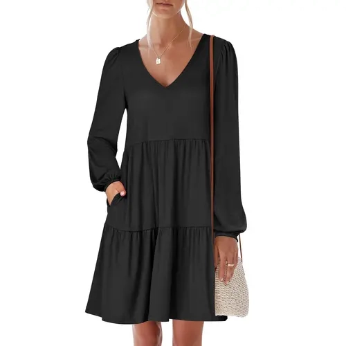 ANRABESS Womens Long Sleeve Dress 2026 Fall Casual V Neck Tiered Flowy Short Dresses Beach Travel Vacation Outfits