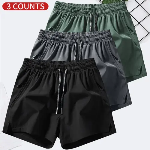 Men's 3-Pack Woven Plain Solid Color Drawstring Elastic Waist Gym Shorts - 3-Color Mix, Above the Knee, Casual Athletic Bottoms with Pockets, Breathable Cool Comfortable, Summer Daily Athleisure Menswear (Tropical Beige)
