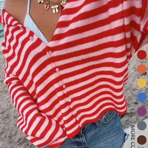 WOMEN'S LONG-SLEEVE V-NECK BUTTON KNITWEAR CARDIGAN WITH A STYLISH AND ATTRACTIVE STRIPED DESIGN, SUITABLE FOR CASUAL WEAR OR OUTINGS, Fit, Casual Striped Knitted