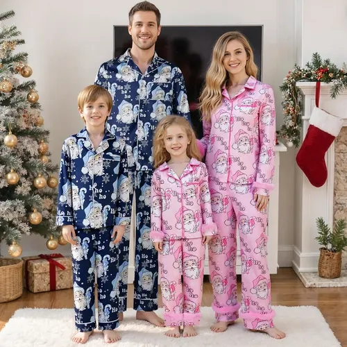 Babamoon Women's Christmas Family Matching Satin Silk Pajama Set - Santa Claus Long Sleeve Button Down Tops & Pants, Festival Party Xmas Sleepwear Clothes, Pyjamas