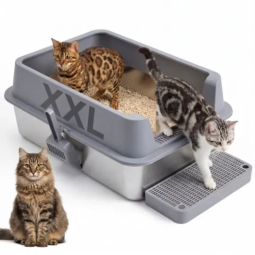 Topyangs Large Stainless Steel Foldable Cat Litter Box Enclosure with Lid, Includes Easy-to-Clean Scoop, Semi-Enclosed Design for Privacy & Odor Control, Metal Litter Tray