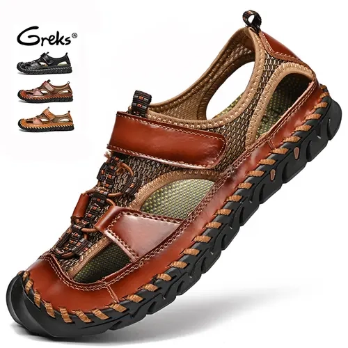 GREKS Men’s Sport Sandals - Velcro Fasten Adjustable Less Than Ankle Straps, Round Toe for Toe Protection, Breathable Mesh Panels, Casual Comfortable Brown & Black Summer Outdoor Shoes
