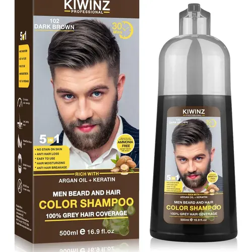 KIWINZ PRO 5-in-1 Hair Dye Shampoo for Men & Women 500ml Argan Oil & Keratin Formula No Skin Staining Anti-Hair Loss Moisturizing Breakage Repair Haircare Conditioner Cleanser hydrate hair Black Hair Dye Shampoo with Growth Cleansing Moisturizer