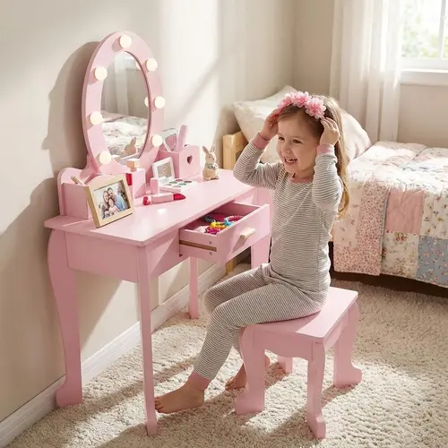 Garvee Kids Wooden Vanity Table and Chair Set  with Lighted Mirror, Makeup Storage Rack, Brush Holder, and Stool - Perfect Pretend Play Dressing Table