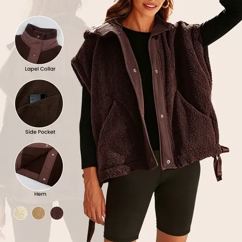 Aswulk Women's Fuzzy Fleece Vest Oversized Sleeveless Sherpa Jacket Warm Button Down Gilet Outerwear With Pockets