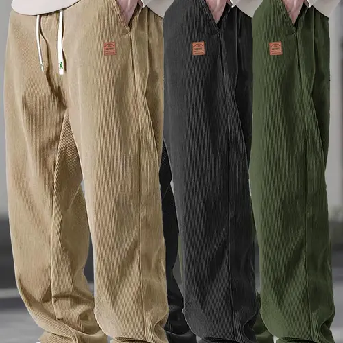 Men’s 3-Pack Autumn Woven Corduroy Casual Pants, 100% Polyester Lightweight Loose Straight-Leg Drawstring Long Pants