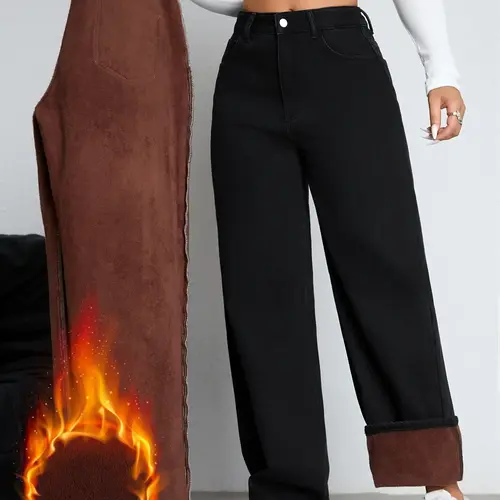 Women's Fleece-Lined Wide-Leg Jeans, High-Waisted Warm Denim for Fall and Winter, Versatile Casual Style for Everyday Wear, Womenswear, Bottom