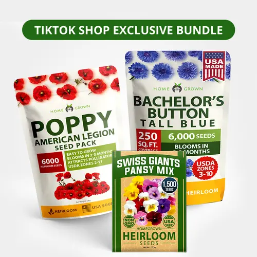 Home Grown Vibrant 3-Flower Blend Flower Seed Pack - Bachelor Button, Poppy, Pansy Swiss Giants Mix Gardening Kit - 12,000 Full Sun Outdoor Plant Seeds for Experienced Gardeners & Outdoor Gardening