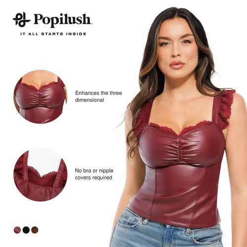 POPILUSH Women's Leather Corset Top - Lace Trim Tank, Front Ruched Bustier, Basic Piece Tube Top for Womensfashion Going Out Dressy Occasions