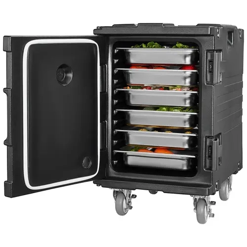 VEVOR Insulated Food Pan Carrier - 95 Qt Airtight Stackable Plastic Food Storage Container, Heavy Duty Kitchen Hot Box with Buckle, Front Loading Handles, Wheels & Menu Slot ID, 270° Door Swing for Restaurant Use
