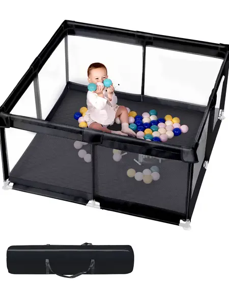 Dearlomum Extra Large Baby Playpen (50"x50"/71"x59") for Babies & Toddlers, Safe Activity Center with Soft Play Fence, Indoor Safety Enclosure, Nonremovable Waterproof Thick Mat, Easy to Assemble & Clean, Black/Gray Sturdy Safe Playard