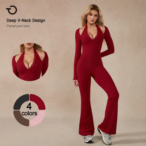 TimeOFF Women's Stretchable Long-Sleeve Lace-Trim Halter Athletic Style Activewear Jumpsuit - Deep V-Neck, Flared Pants, Chic Look, Easy for Yoga, Workout, Running