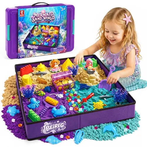 BEIREG Mermaid Kingdom Sensory Bin Sand Gift Set for Girls - 58PCS Mess-Free Kit, 2-3lbs Magic Sand, 18 Castle & Marine Molds, Lidded Foldable Sandbox, Treasure Chest, Underwater Toys (Ages 3-8 Cool Gifts for Kids to Boost Creativity & Fine Motor Skills)