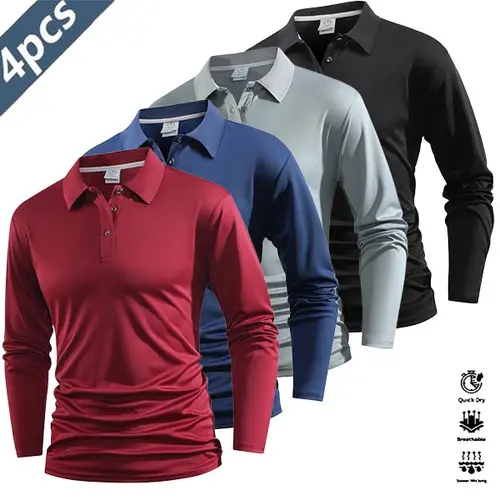 Four-piece men’s casual set featuring a long-sleeve quick-dry polo shirt for golf and tennis; comfortable cycling apparel with stylish color-block design at the collar and cuffs. New 2026 printed polo shirt design.,summerwins,father'sdaygifts