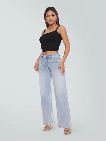 Magic ONESO BBL Jeans for Women: Mid-Low Rise Stretch Baggy Fit, Comfortable Light Blue/Dark Blue Wide Leg Distressed Denim with Tummy Control