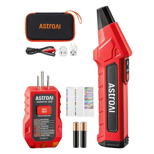 AstroAI Circuit Breaker Finder Kit - Integrated GFCI Tester with Power Circuit Check, Voltage Detection, Digital Receiver, Low-Light LED View, Beep+Flash Find, Bulb Socket Plug, 3-to-2 Plug, 4 Adapters, Alligator Clips for Home/Workshop Tracing