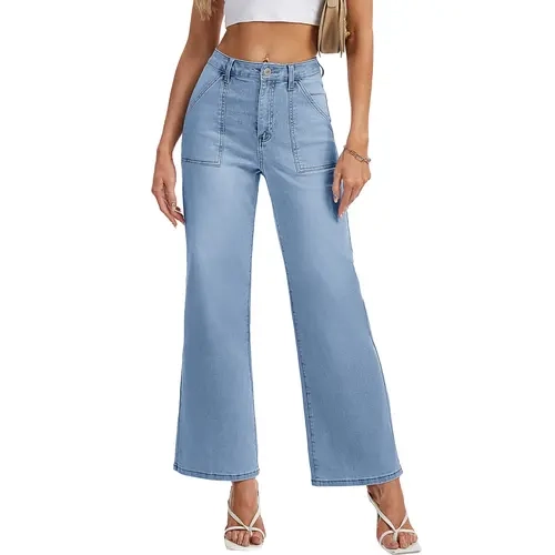 Magcomsen Women's High-Waist Retro Rayon Denim Jeans - Soft, Stretchy, Breathable Fabric Bottoms, Basic Style, Patch Pockets, Zipper-Button Closure, Low Iron, 2025 Gift, Streetwear Pants for Country Concert, Work, Machine Washable Easy Care Fitted